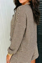 Brown Stripe Textured Knit Long Sleeve Top Elastic Waist Shorts Casual Outfit