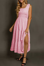 Shirred Pleated Square Neck Sleeveless Midi Dress