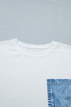 Sail Blue Color Block Chest Pocket Patched Casual Short Sleeve Top