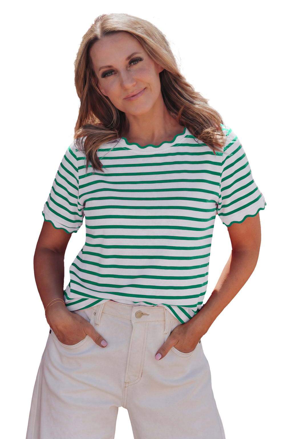 Black Stripe Scalloped Trim Round Neck T Shirt