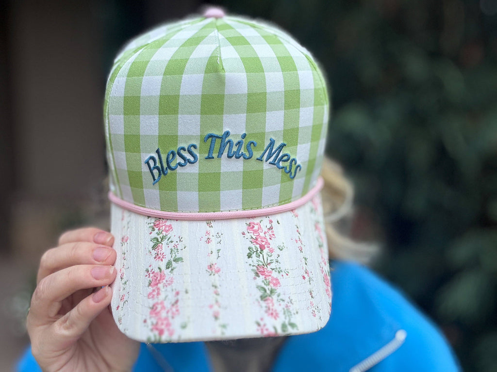 Embroidered Baseball Cap - "Bless This Mess" - Green Gingham