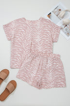 Khaki Abstract Print Cuffed Short Sleeve Loose Top Short Set