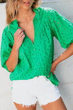 White Flower Embroidered Hollow-out Puff Sleeve Blouse