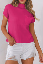 Patch Pocket Ribbed Knit Short Sleeve Sweater