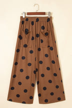 Brown Polka Dot Wide Leg Elastic Waist Casual Pants