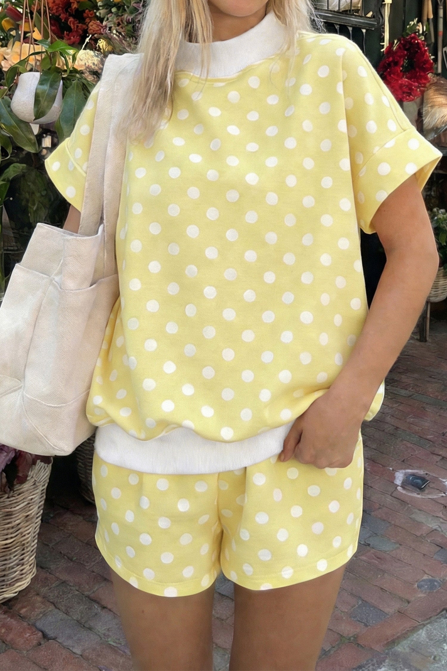 Yellow Polka Dot Print Color Block Trim Mock Neck Short Set