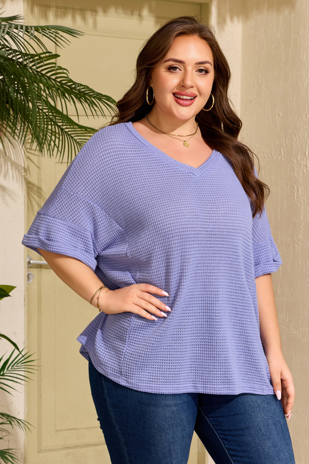 Wisteria V Neck Short Sleeve Plus Size Waffle Knit Top