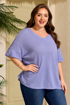 Wisteria V Neck Short Sleeve Plus Size Waffle Knit Top