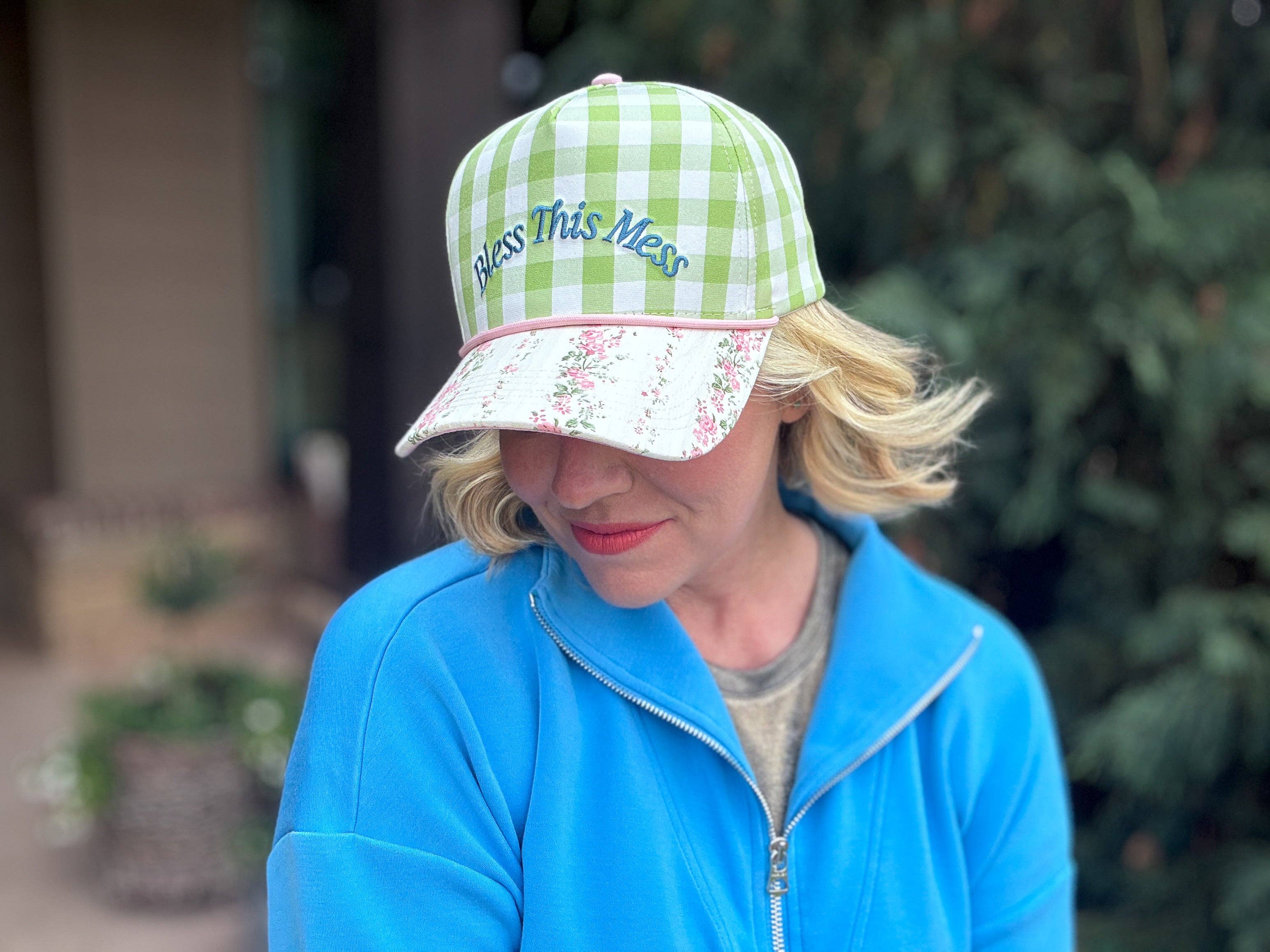Embroidered Baseball Cap - "Bless This Mess" - Green Gingham