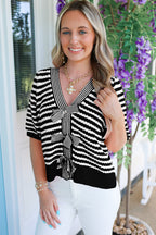 Black Stripe Short Sleeve Knit V Neck Bow Knot Sweater