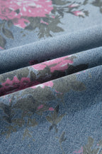 Beau Blue Floral Print Elastic Waist Pull On Casual Jeans