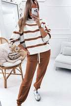 Black Stripe Drop Shoulder Pullover and Jogger Pants Set