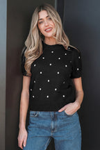 Black Elegant Polka Dot Bubble Short Sleeve Sweater