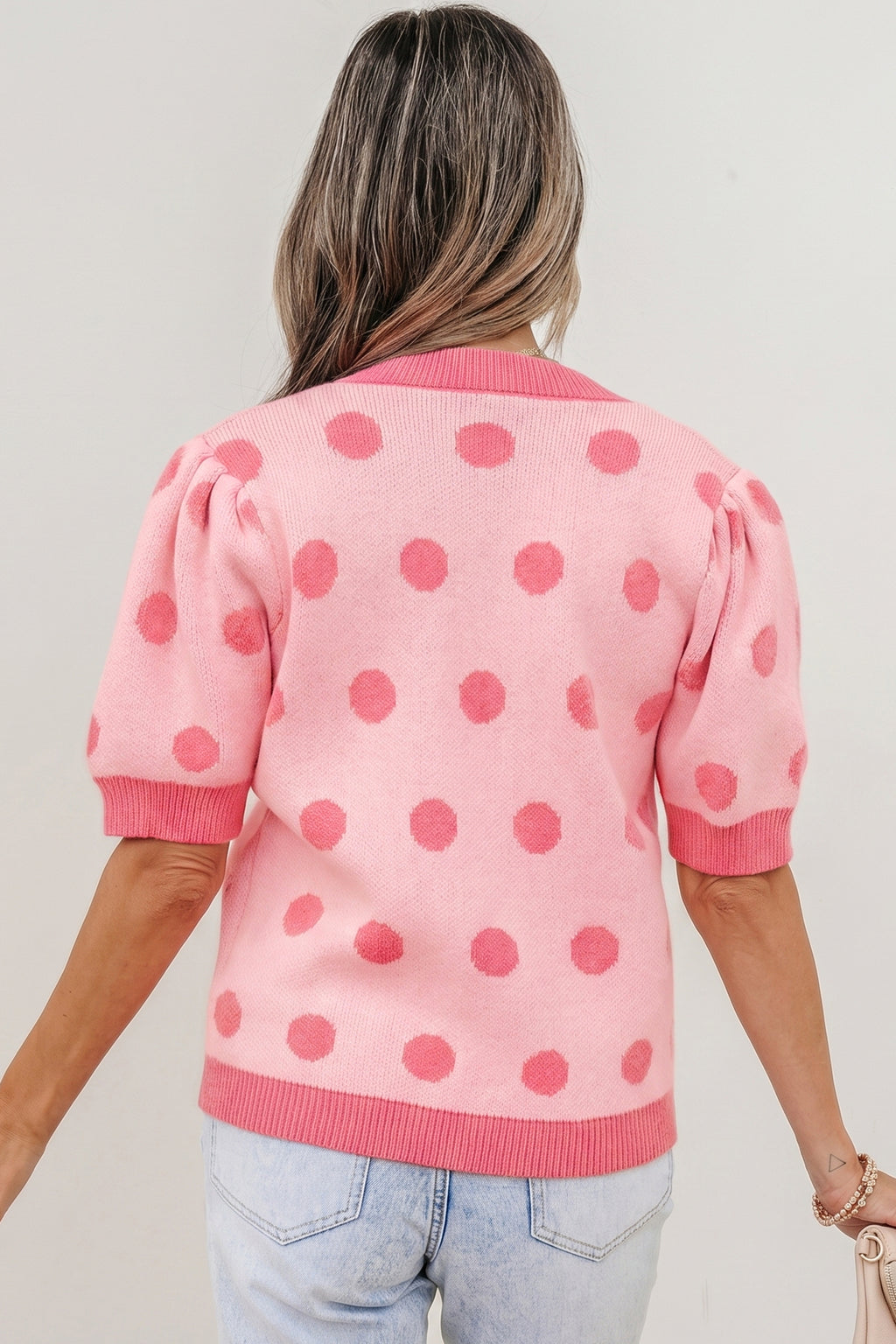 Rose Red Polka Dot Puff Short Sleeve Sweater Top