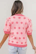Rose Red Polka Dot Puff Short Sleeve Sweater Top