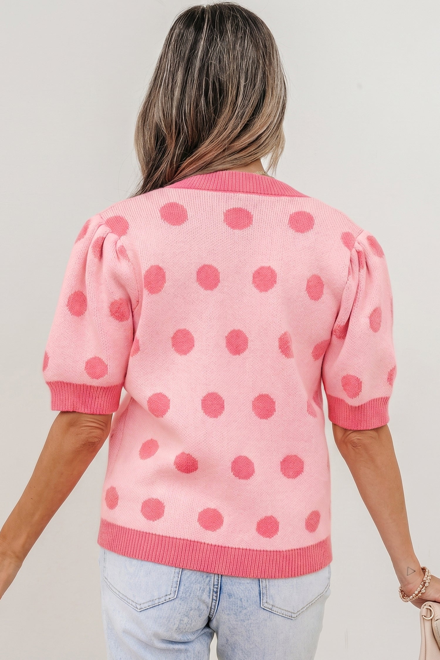 Rose Red Polka Dot Puff Short Sleeve Sweater Top