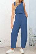 Solid Color Pleated Detail Elastic Waist Sleeveless Jumpsuit