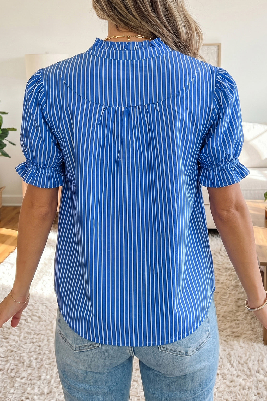 Stripe Ruffled Short Puff Sleeve Button Front Blouse