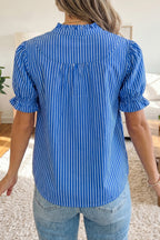 Stripe Ruffled Short Puff Sleeve Button Front Blouse