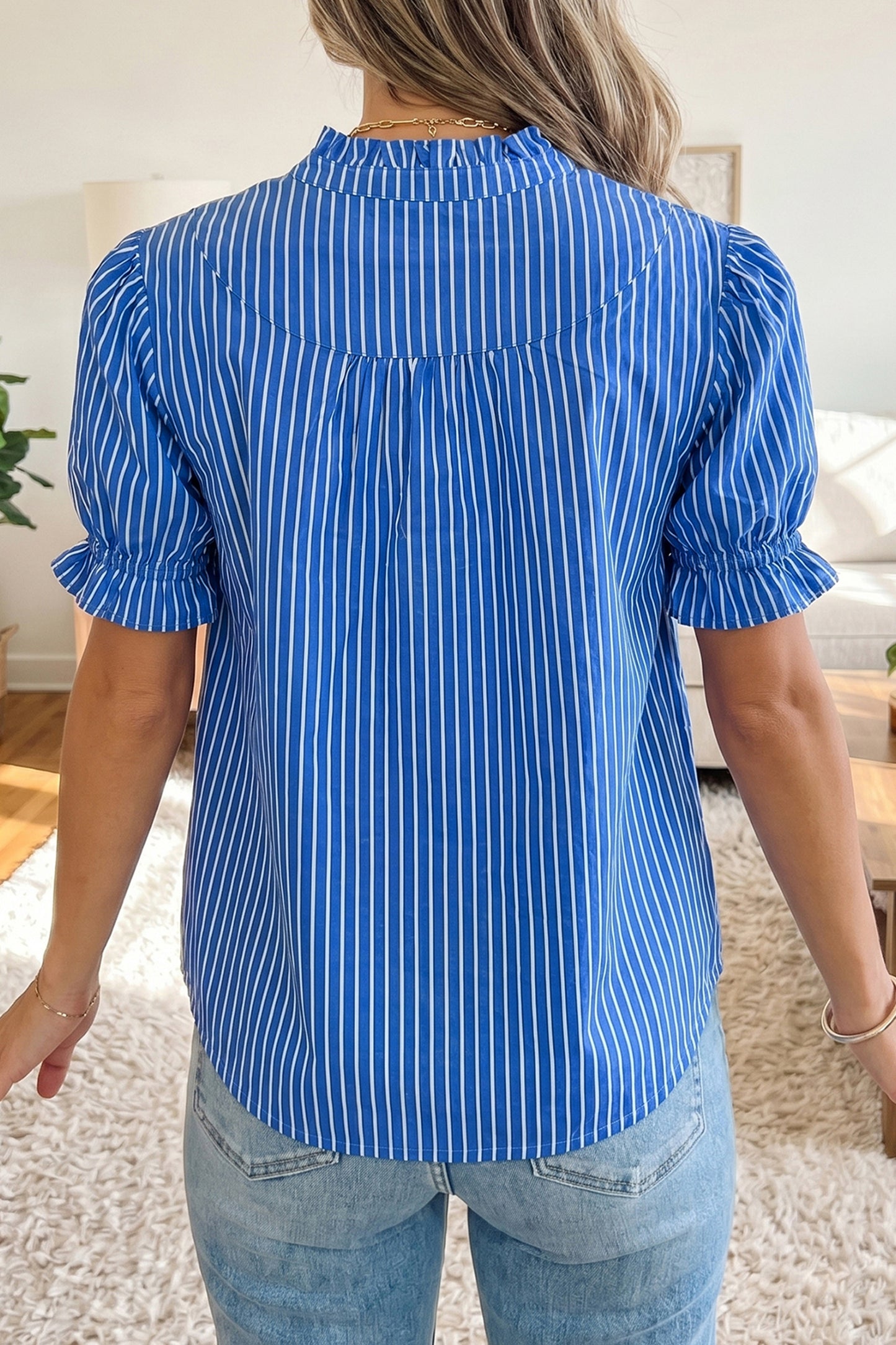 Stripe Ruffled Short Puff Sleeve Button Front Blouse