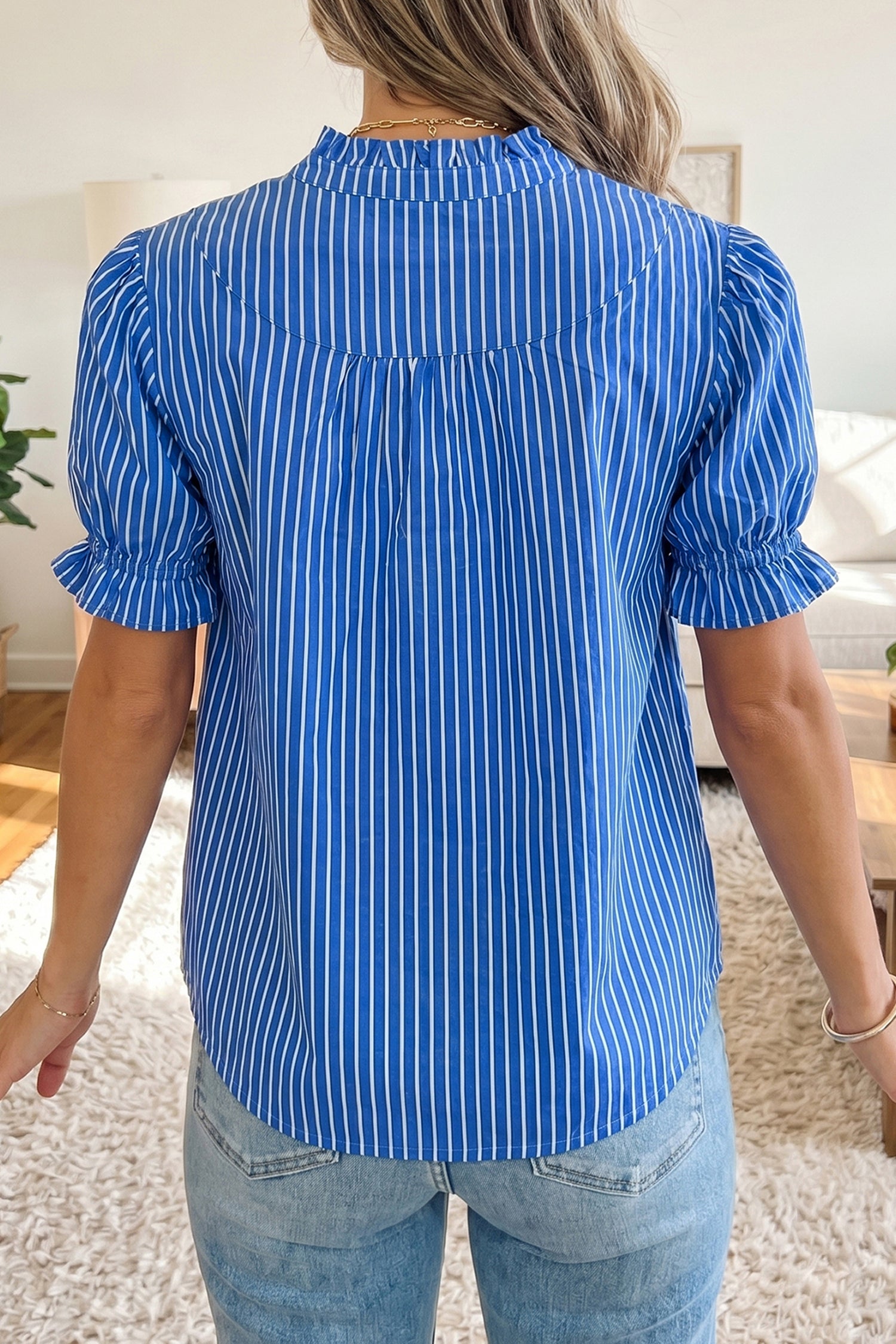 Stripe Ruffled Short Puff Sleeve Button Front Blouse