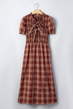 Red Vintage Plaid Knot Front Smocked High Waist Midi Dress