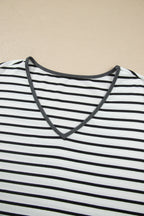 Gray Stripe V Neck Ruffle Contrast Sleeve Top Drawstring Pants 2pcs Set