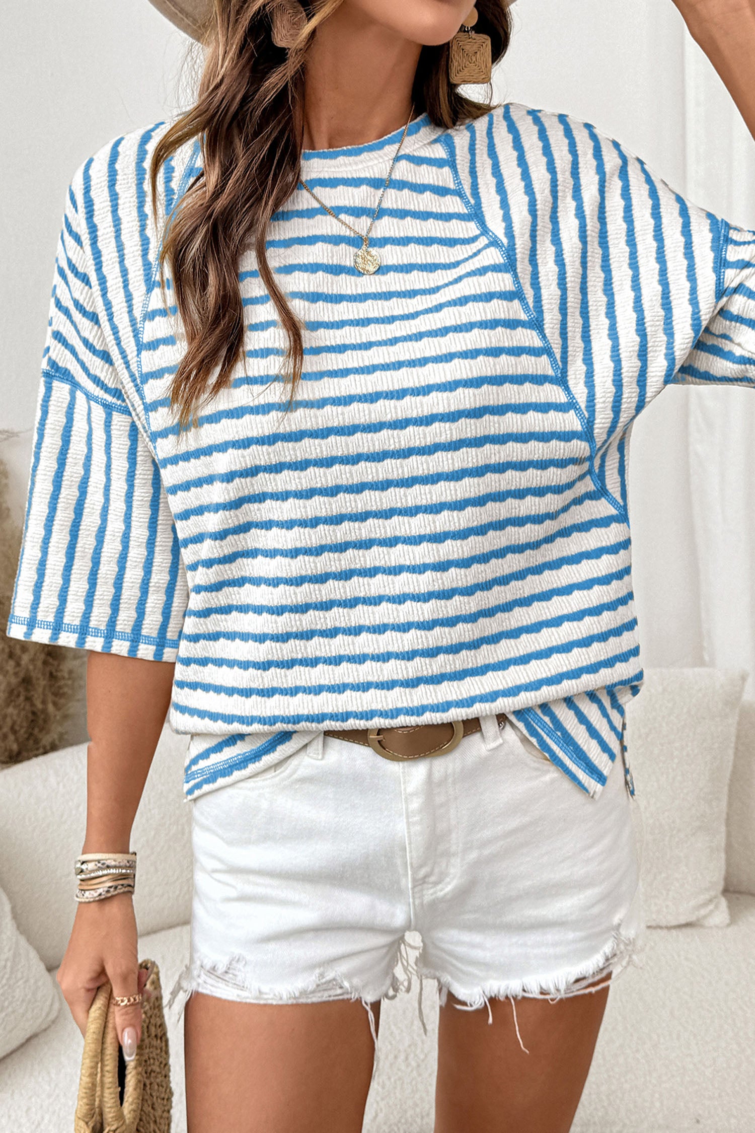 Pink Stripe Textured Knit Split Hem Half Sleeve Loose Top