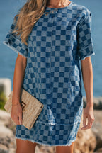 Sky Blue Frayed Hem Checkered Denim Mini Dress