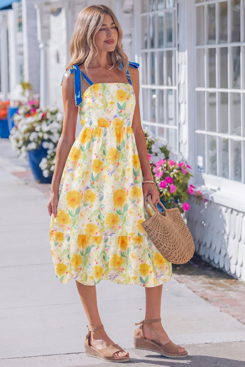 Red Floral Print Contrast Stitched Knot Denim Straps High Waist Dress