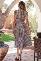 Coffee Plaid Print Full Zipper Cinched Waist Fit Flare Sleeveless Maxi Dress