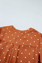 Brown Polka Dot Half Button V Neck Long Sleeve Blouse