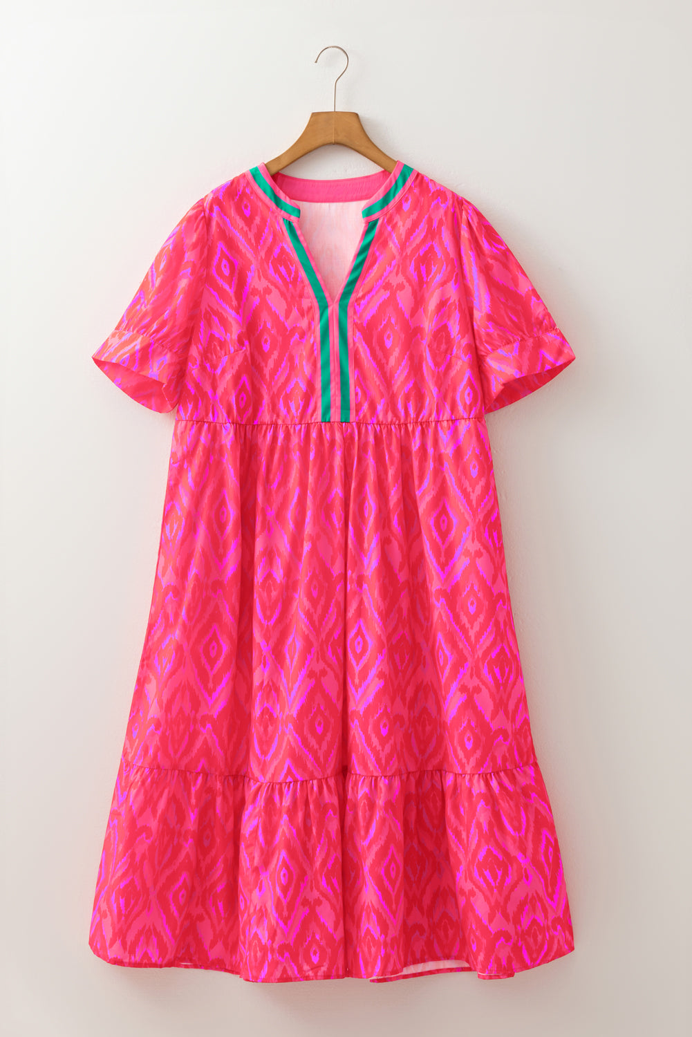 White Allover Print Contrast Split Neckline Short Puff Sleeve Curvy Dress