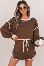 Rose Red Color Contrast Loose Pullover and Lace-up Waist Skort Set