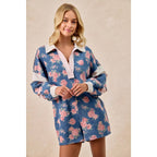 WASHED FLORAL DENIM ROMPER WITH CONTRAST COLLAR