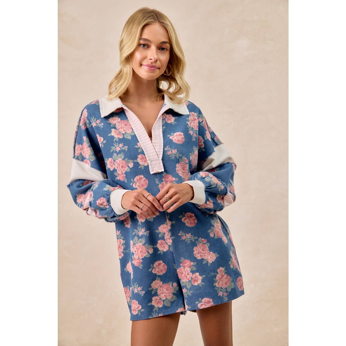 WASHED FLORAL DENIM ROMPER WITH CONTRAST COLLAR