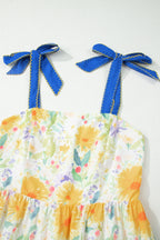 Red Floral Print Contrast Stitched Knot Denim Straps High Waist Dress