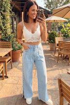 Beau Blue Studded Side Slit Leg Frayed Pocketed Wide Leg Jeans