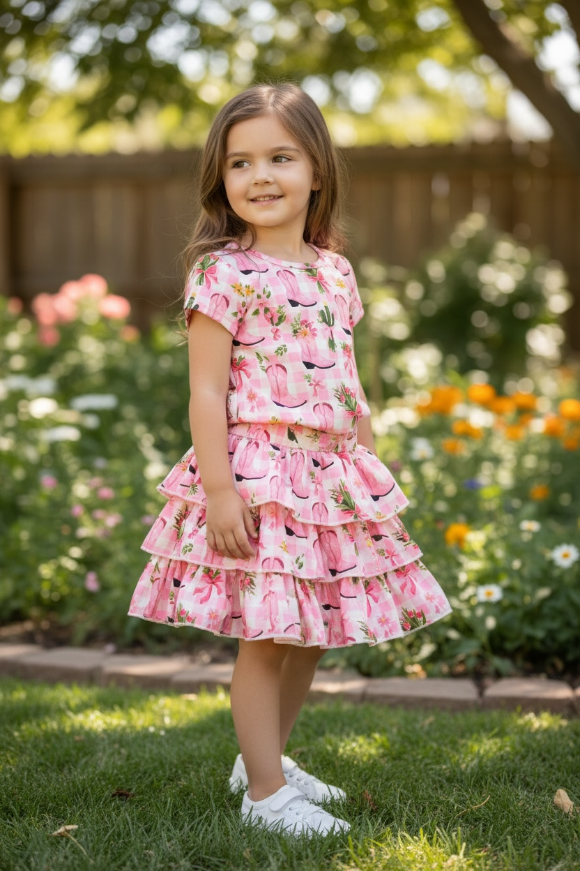 Pink Western boot printed crop top and 3 tiered layered skort. OFG61001 SOL