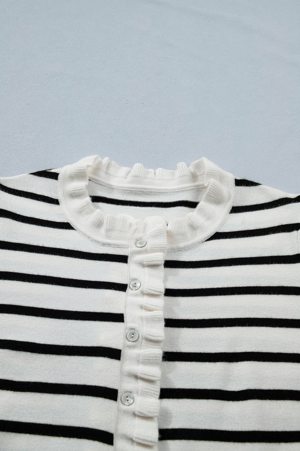 Beige Stripe Ruffle Trim Button Down Knit Short Sleeve Sweater Cardigan