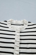 Beige Stripe Ruffle Trim Button Down Knit Short Sleeve Sweater Cardigan