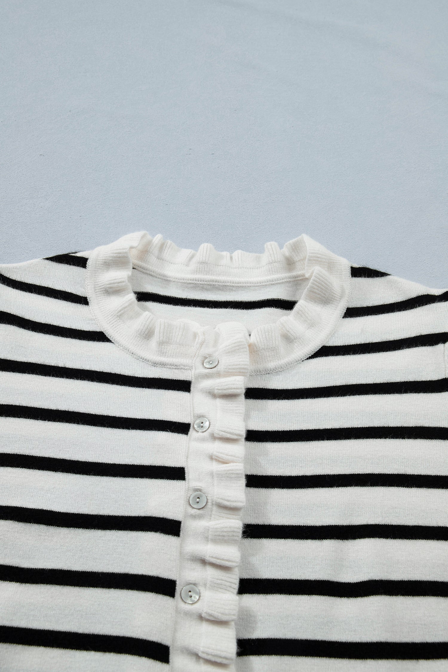 Beige Stripe Ruffle Trim Button Down Knit Short Sleeve Sweater Cardigan