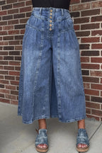Dusk Blue High Rise Buttons Pleated Cropped Wide Leg Denim Pants