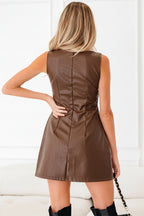 Coffee Vegan Leather Sleeveless Mini Dress