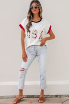 White USA Sequin Color Block Trim Loose T Shirt