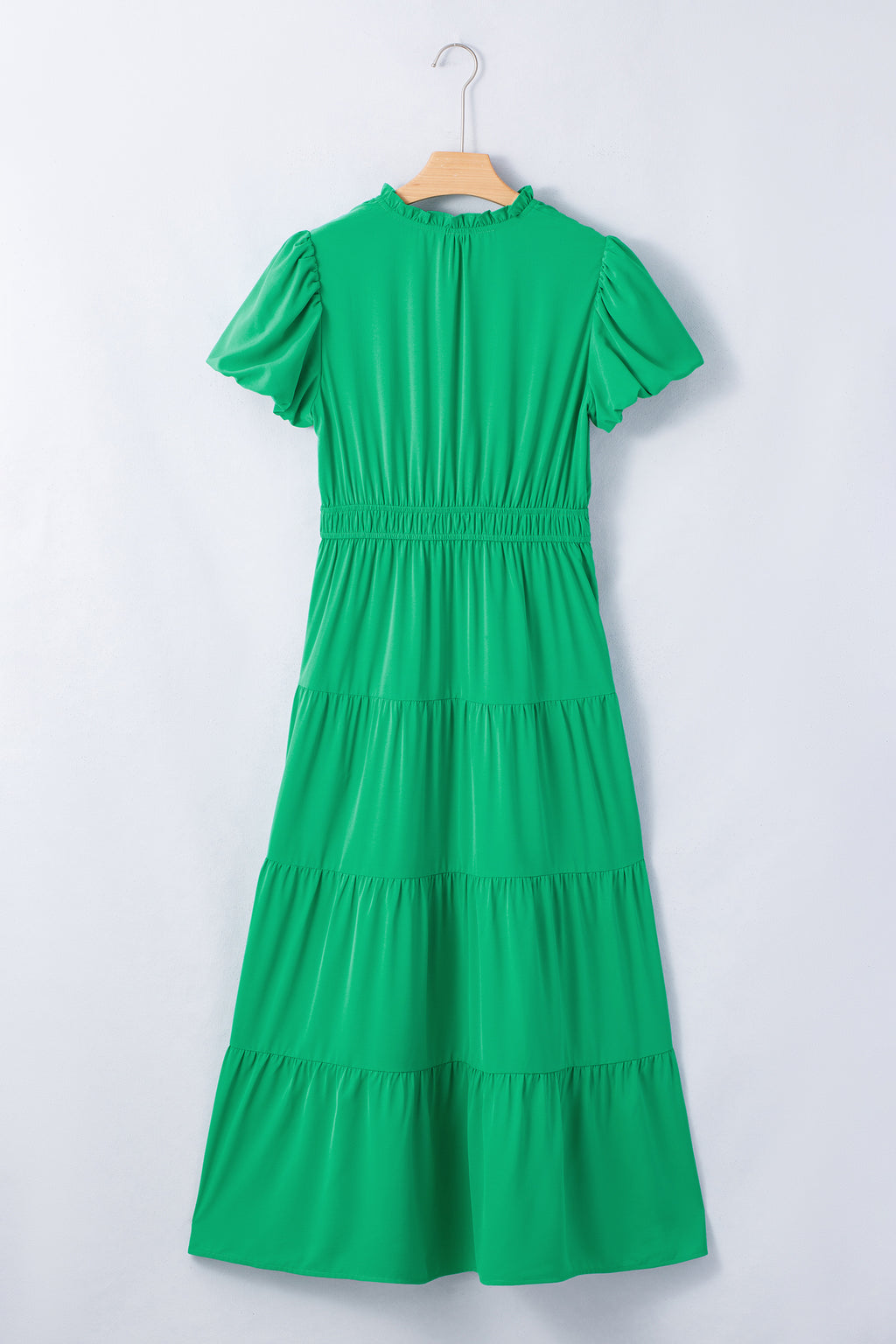 Solid Color V Neck Short Puff Sleeve High Waist Tiered Maxi Dress