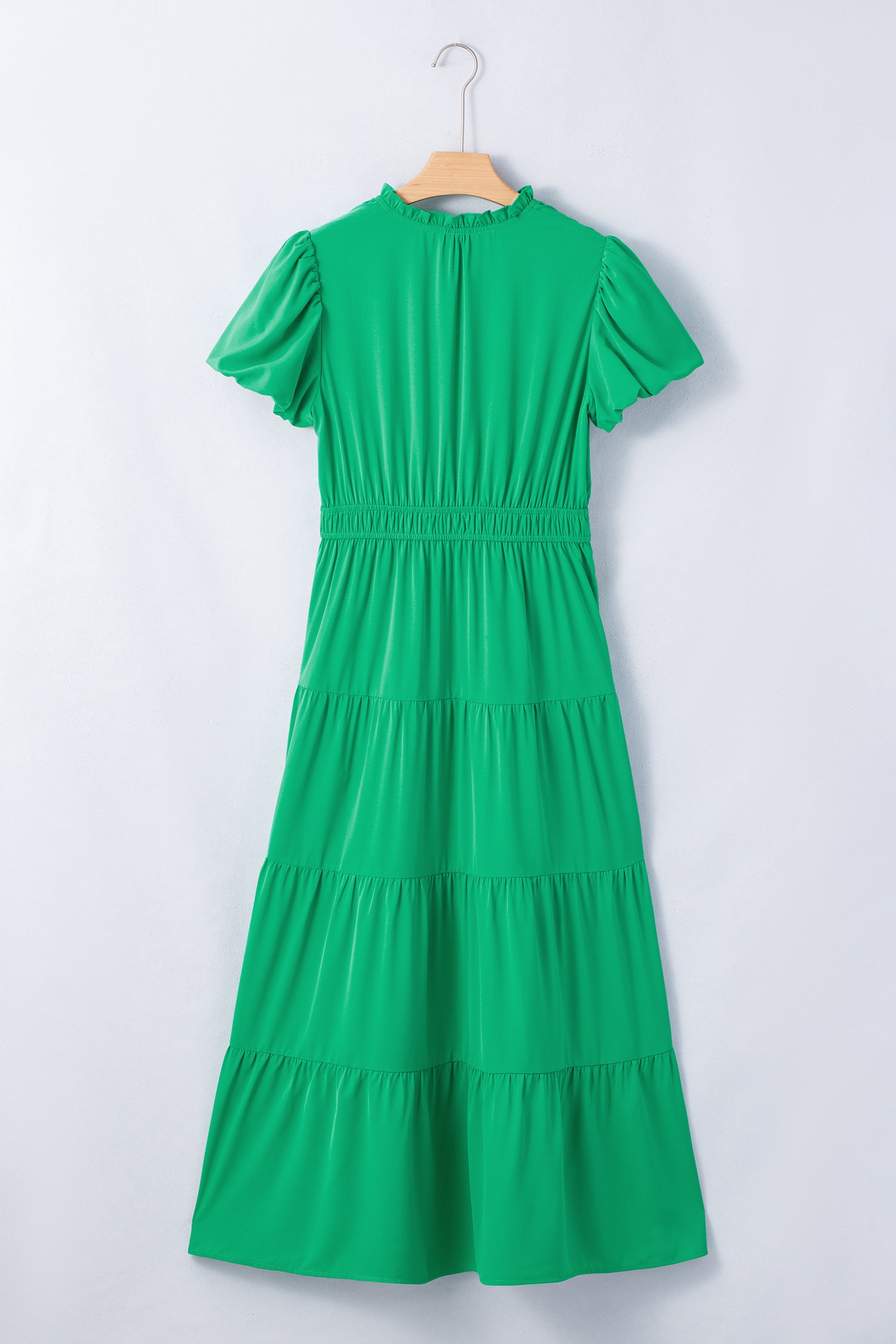 Solid Color V Neck Short Puff Sleeve High Waist Tiered Maxi Dress