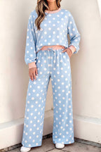 Pink polka dot long sleeve top and drawstring shift pants set by Dear-Lover, stylish two-piece clothing ensemble.
