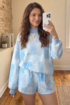 Sky Blue Patchwork Floral Print Drop Shoulder Baggy Pullover Drawstring Shorts Set