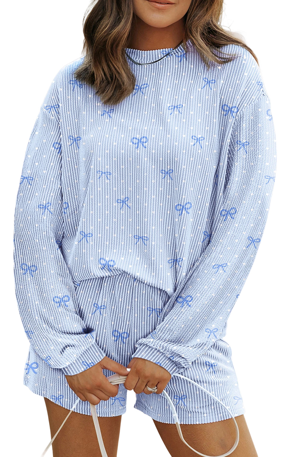 Sky Blue  Bow Print Twisted Rib Loose Long Sleeve Top 2pcs Short Set